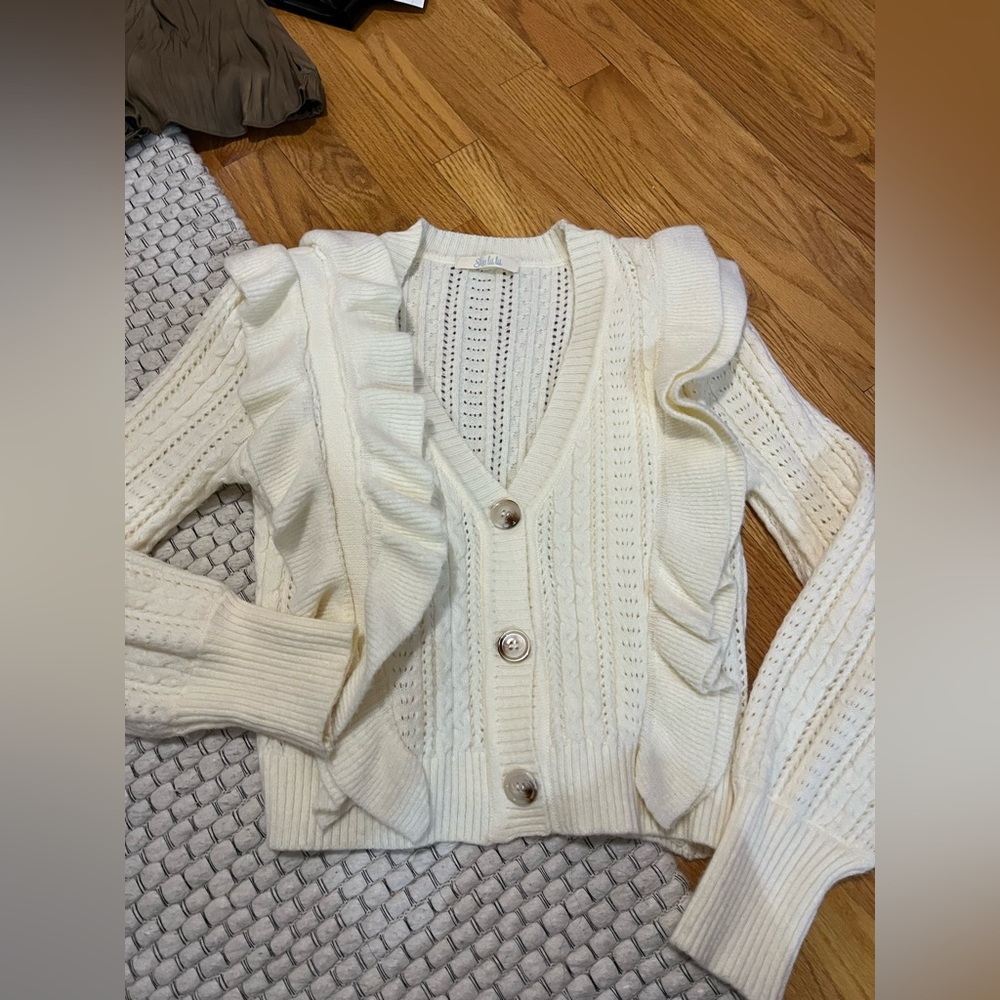 Cream Ruffle Button Up Sweater